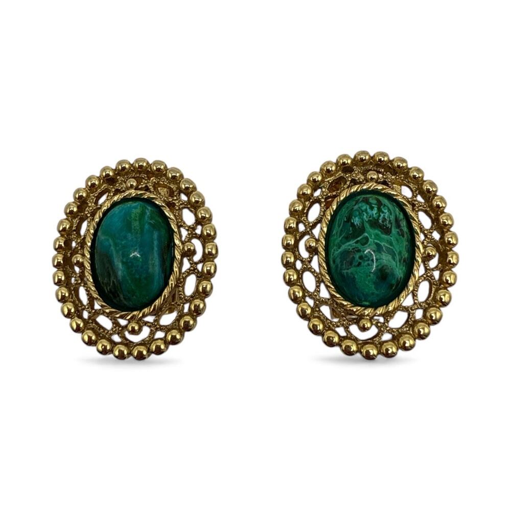 1928 Jewelry Gold Toned and Green Malachite Oval Clip-on Earrings
